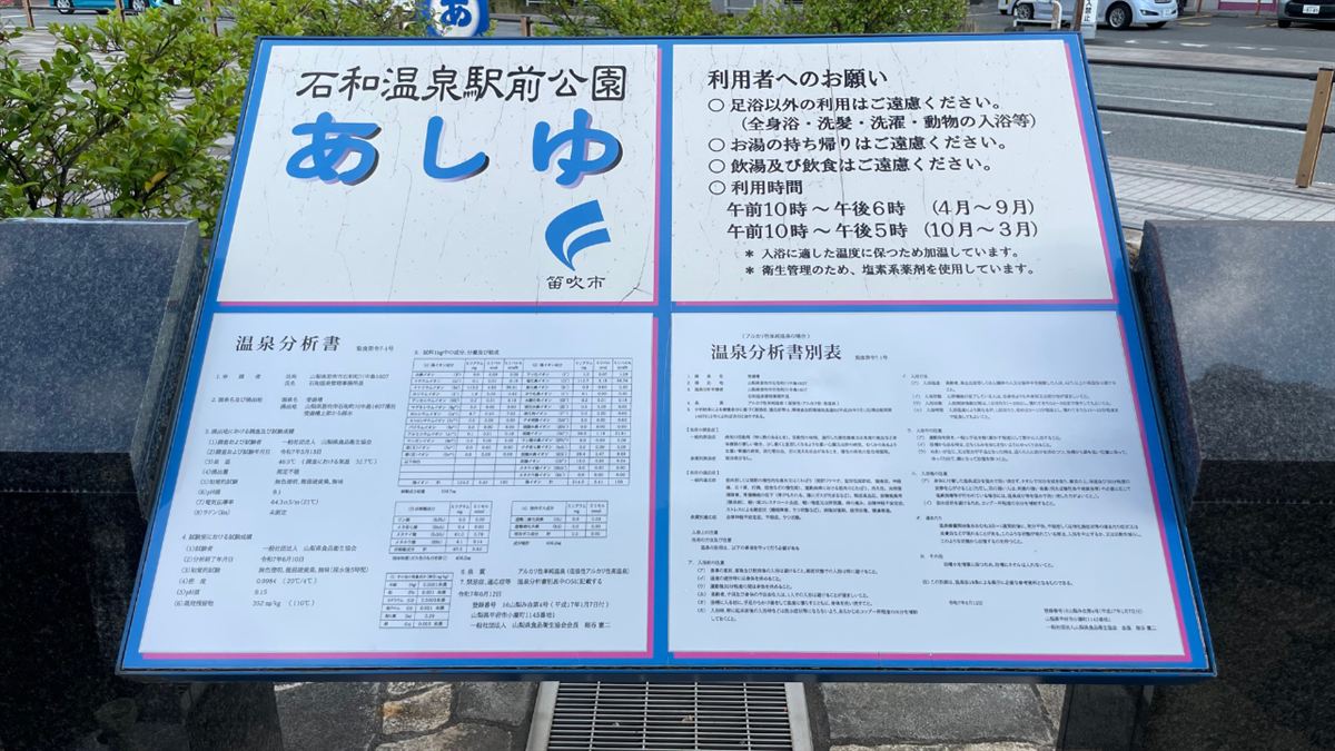 足湯の案内板と温泉分析書の掲示