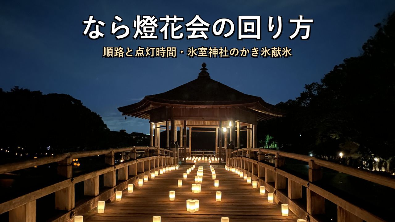 なら燈花会の浮見堂。橋に並ぶろうそくの灯りと、記事タイトル「なら燈花会の回り方」