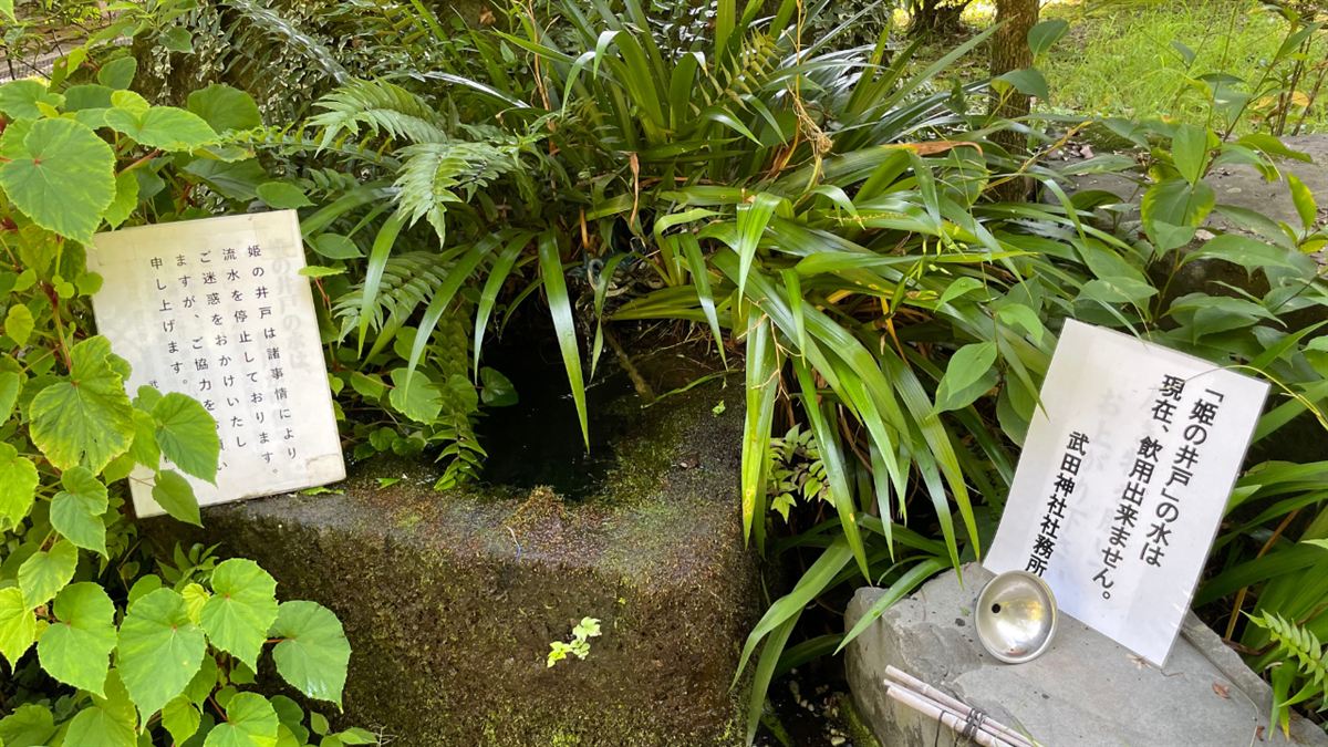 「流水を停止しております」の掲示が立つ姫の井戸