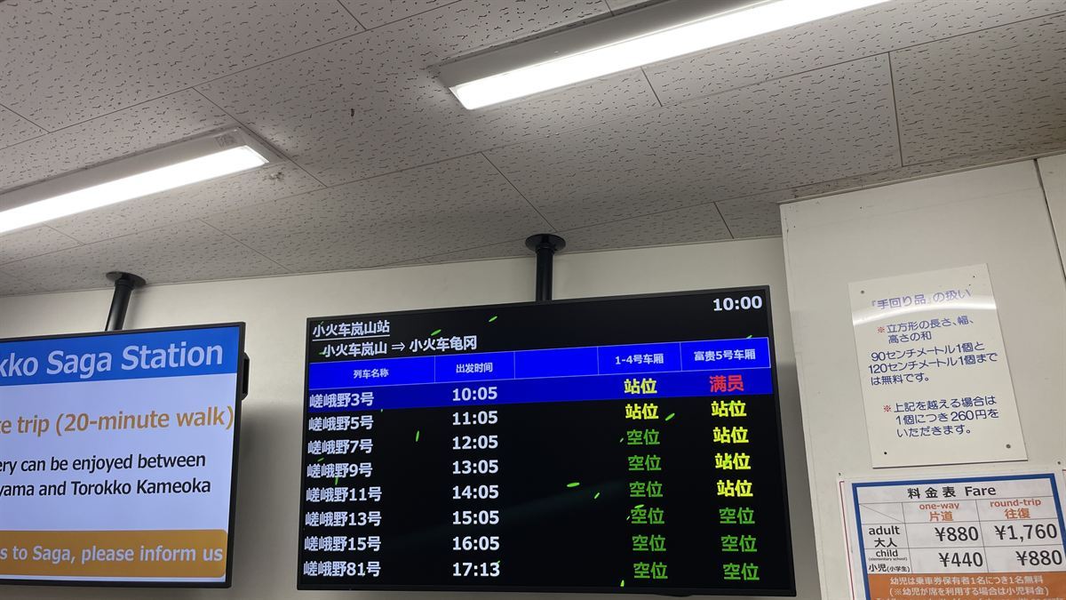 トロッコ嵐山駅の発車案内モニター。10時00分現在の各列車の空席状況が表示されている