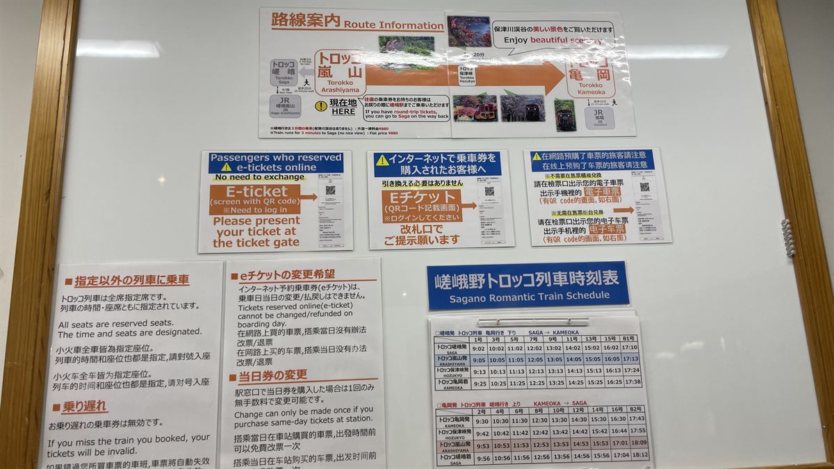 トロッコ嵐山駅の掲示板。路線案内、Eチケットの案内、規則の掲示、時刻表が並んでいる