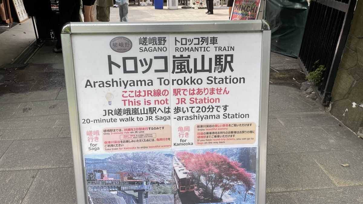 トロッコ嵐山駅前の案内看板。「ここはJR線の駅ではありません」「JR嵯峨嵐山駅へは歩いて20分です」と書かれている