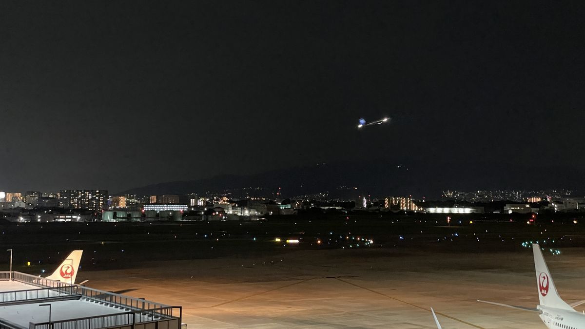 夜空に光る飛行機のライト。下に街の灯りと滑走路、手前にJALの飛行機の尾翼が見える
