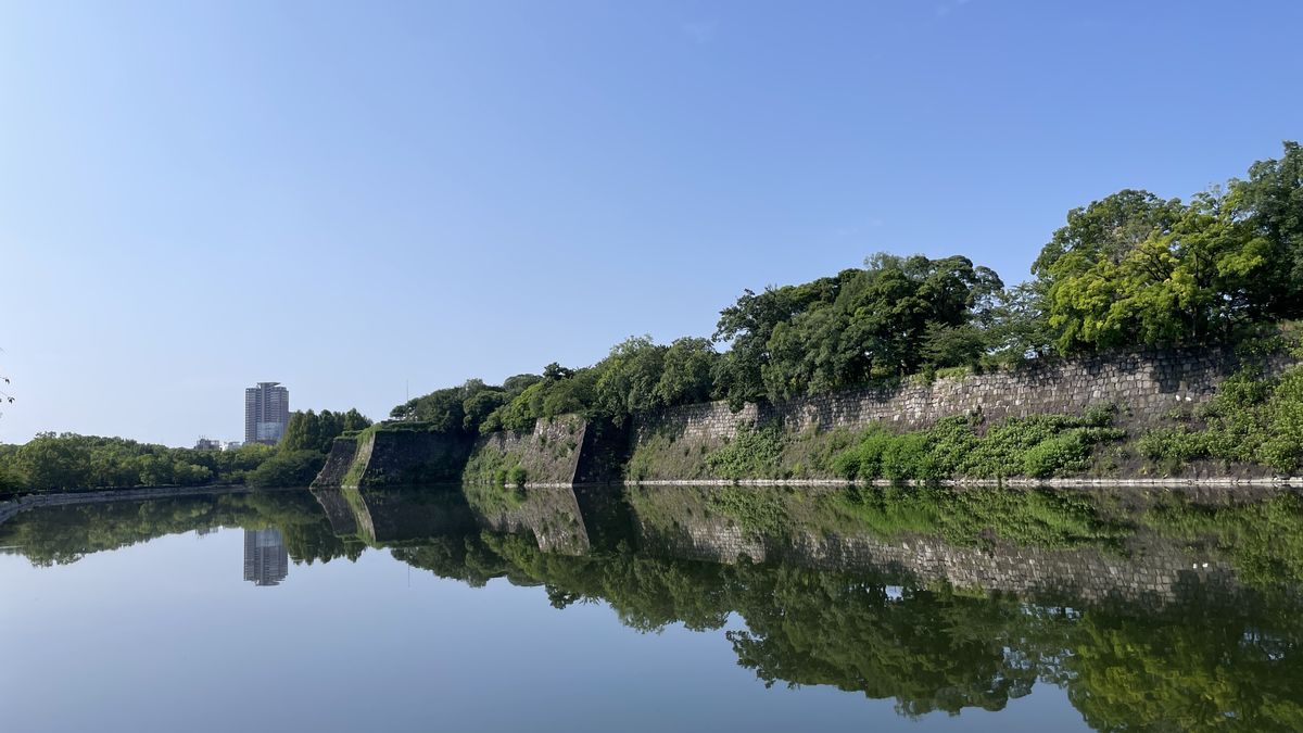 朝の大阪城 東外堀。風のない水面に、石垣と木立が鏡のように映っている