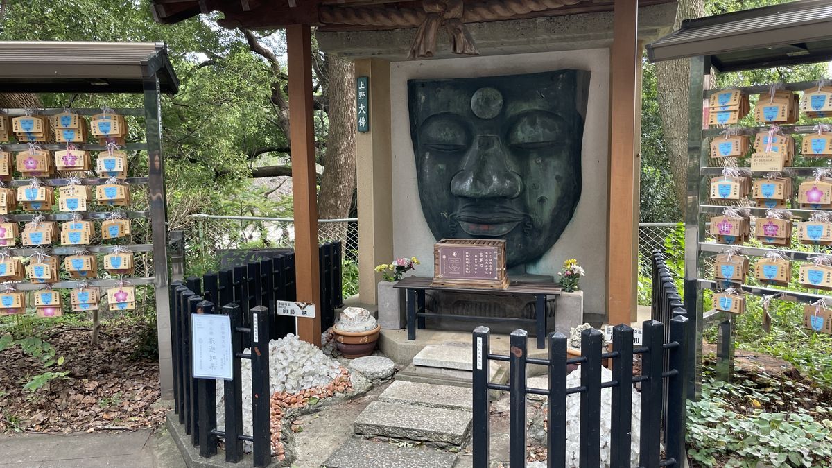 上野大仏のお顔。屋根の下に大きな顔だけの大仏があり、両側に絵馬がたくさん掛かっている